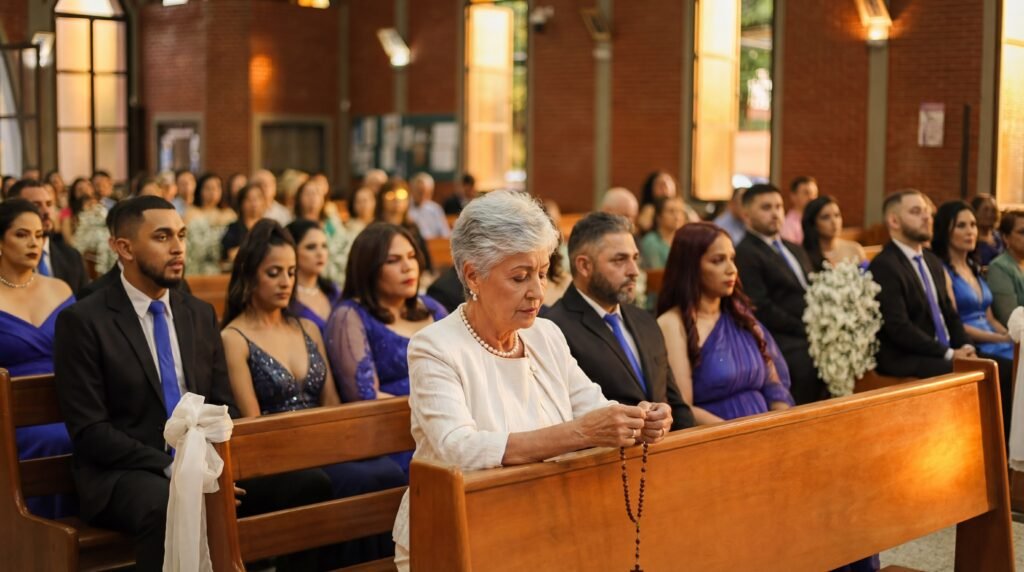 Avó rezando o terço no casamento da neta, na Paróquia Auxílio dos Cristãos em Goiânia. Foto documental.