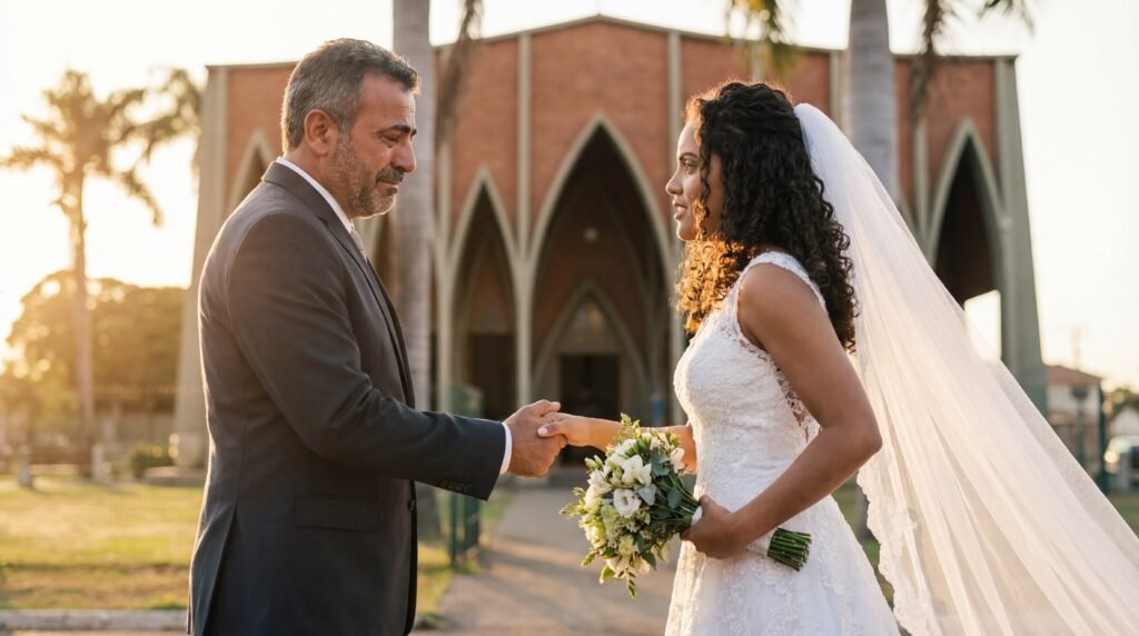 Pai emocionado segurando a mão da noiva antes da entrada na Paróquia Auxílio dos Cristãos de Goiânia, fotografia documental.