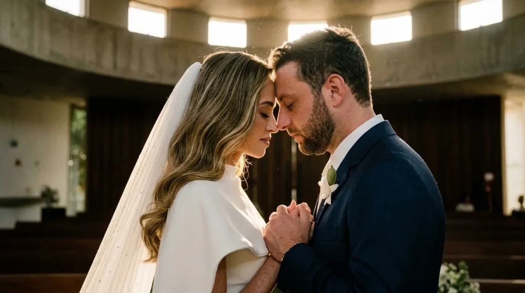 Momento intimista de recém-casados com as testas unidas e mãos entrelaçadas sob a luz natural suave dentro de uma capela.