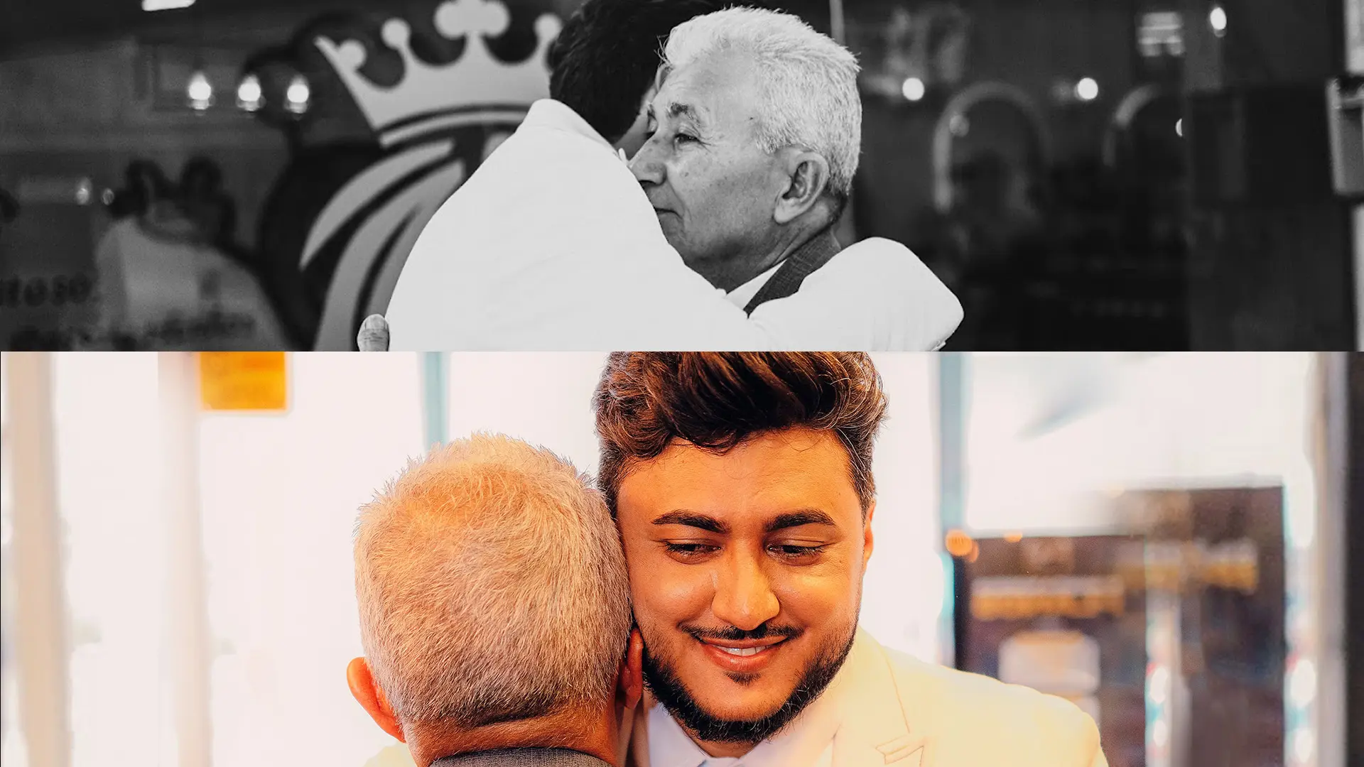 Noivo emocionado abraçando o pai no casamento