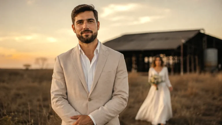 Noivo usando terno claro em um campo, com a noiva ao fundo durante o ensaio de casamento