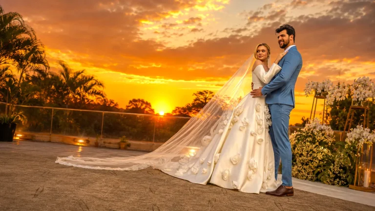 Noivos abraçados durante ensaio de casamento ao pôr do sol, em cenário decorado com flores