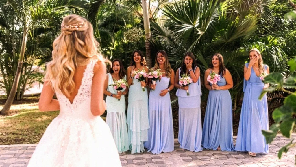 Noiva de costas diante das madrinhas emocionadas em um jardim durante o casamento
